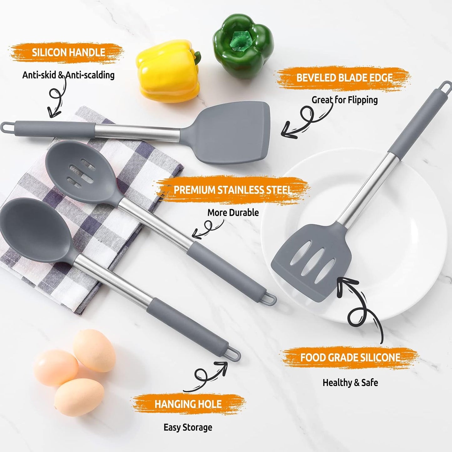 E-far Cooking Utensils Set of 4, Silicone Kitchen Utensils for Non-stick Cookware, Heat Resistant & Non-toxic Slotted Spatula Solid Spoon Turner for Flipping Mixing Serving Basting(Black)