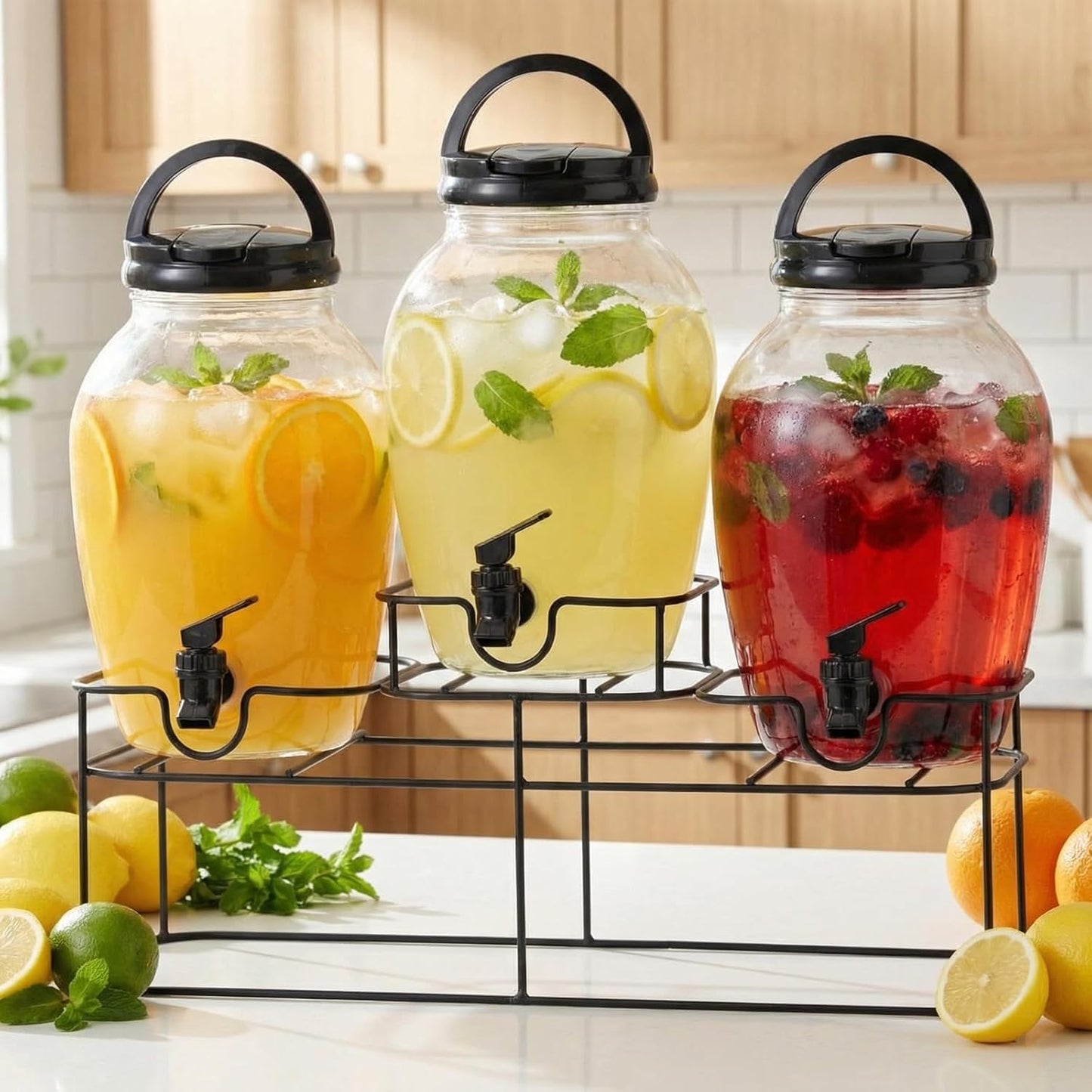 Tanlade 3 Pcs Plastic Drink Dispenser with Spigot and Metal Stand 1.2 Gallon Beverage Dispenser for Parties Juice Dispensers Lemonade Jar with Lids for Cold Drink Tea Water Container