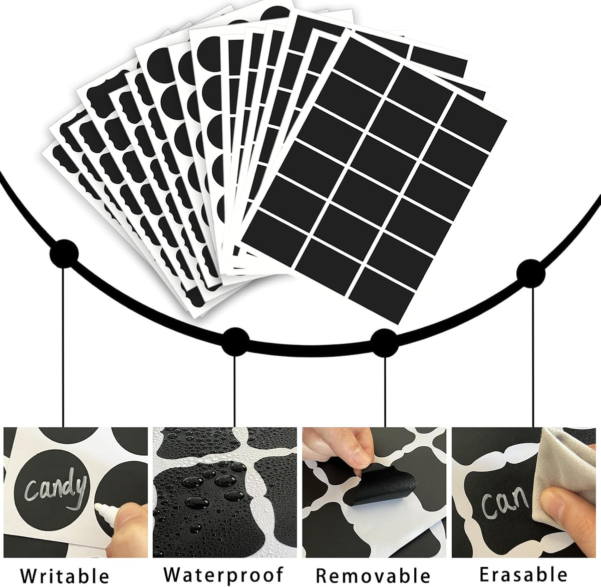 290 pcs Chalkboard Labels,Removable Blackboard Label Stickers,3 Assorted Shapes,with 2 White Chalk Marker,Erasable Reusable Waterproof Label for Storage Bin,Food Container,Mason Jars,Jars
