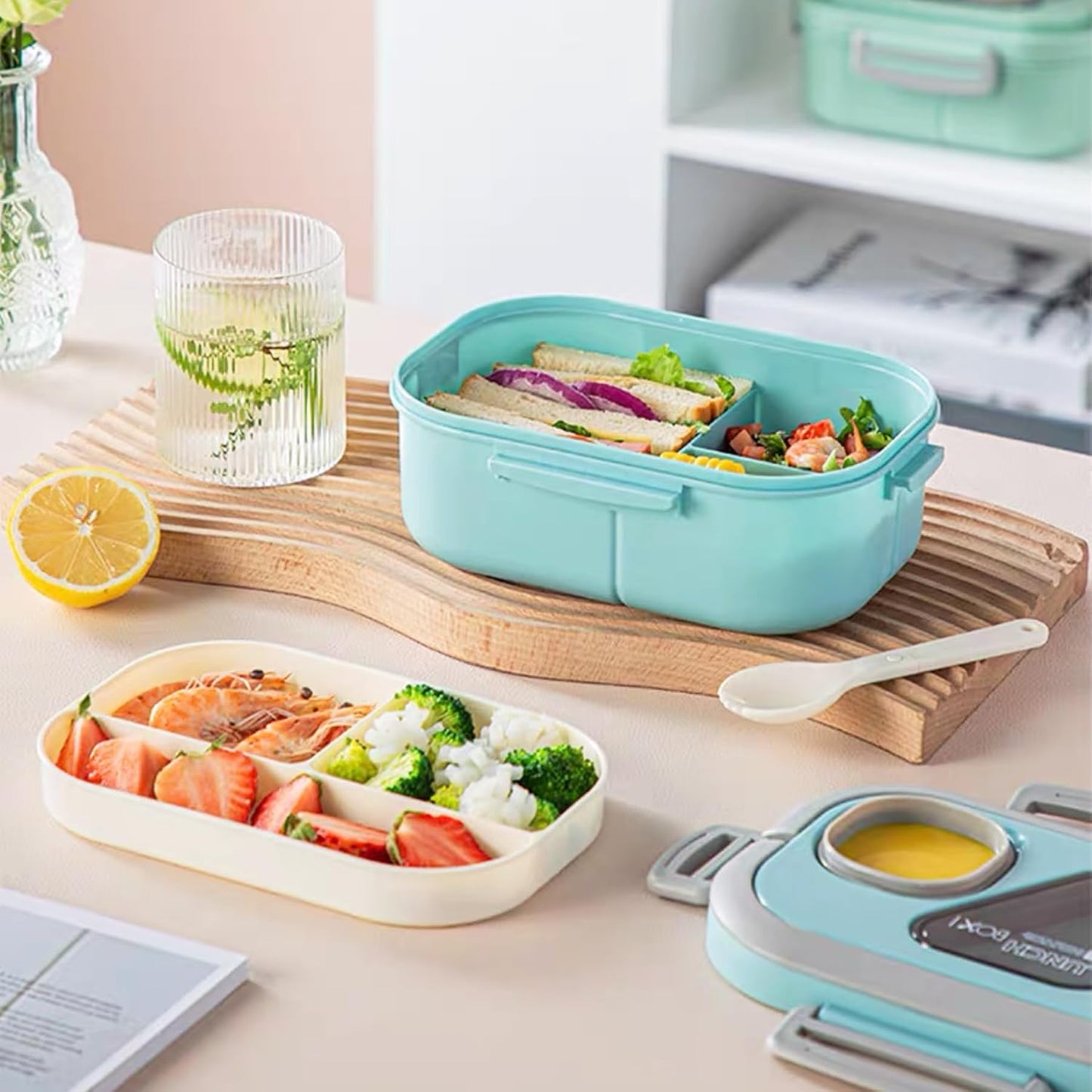Adults Bento Lunch Box,Salad Container Large 43oz Salad Bowl, Bento-Style Tray for Toppings, 3oz Sauce Container for Dressings, and Built-In Reusable Fork (Green)