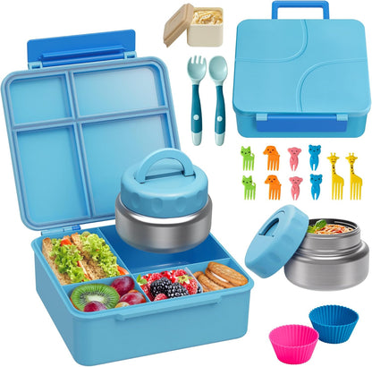 Bento Lunch Box with 9.5 oz Soup Thermo, Kids Leakproof 4 Compartments Bento Box with Silicone Cupcake,Fruit Fork,Spoon and Sauce Cup,Insulated Food Jar for School Travel-Black