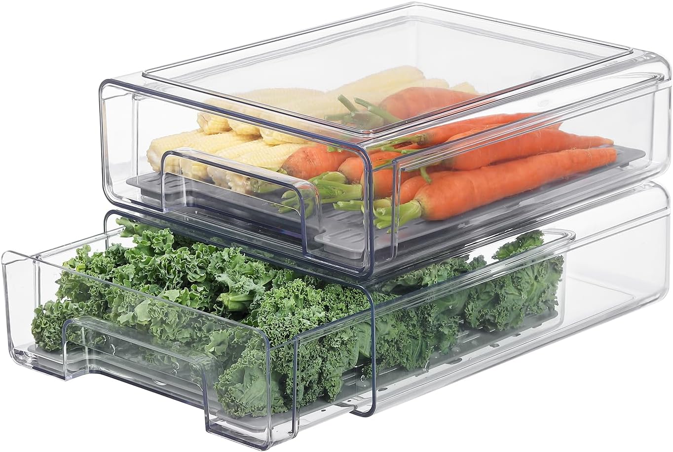 Pull Out Clear Fridge Organizer Drawers with Drainer, Refrigerator Stackable Storage Bins for Kitchen Fruit & Veggie Organization (Complete Set)
