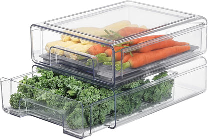 Pull Out Clear Fridge Organizer Drawers with Drainer, Refrigerator Stackable Storage Bins for Kitchen Fruit & Veggie Organization (Complete Set)