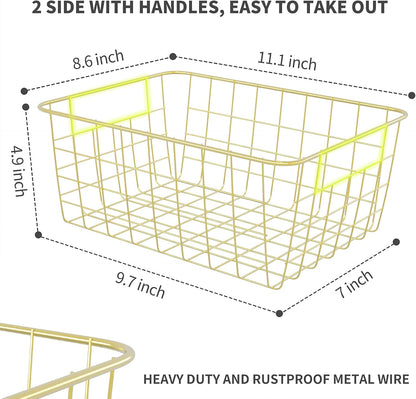 Gold Wire Baskets for Organizing, Metal Storage Baskets with Handles, Sturdiness Small Wire Storage Basket Organizer Bins for Pantry Kitchen Bathroom, 4 Pack