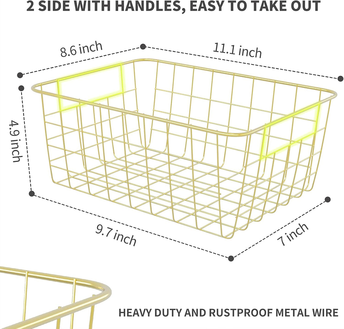 Gold Wire Baskets for Organizing, Metal Storage Baskets with Handles, Sturdiness Small Wire Storage Basket Organizer Bins for Pantry Kitchen Bathroom, 4 Pack