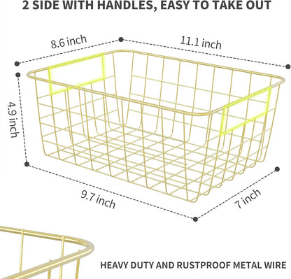 Gold Wire Baskets for Organizing, Metal Storage Baskets with Handles, Sturdiness Small Wire Storage Basket Organizer Bins for Pantry Kitchen Bathroom, 4 Pack