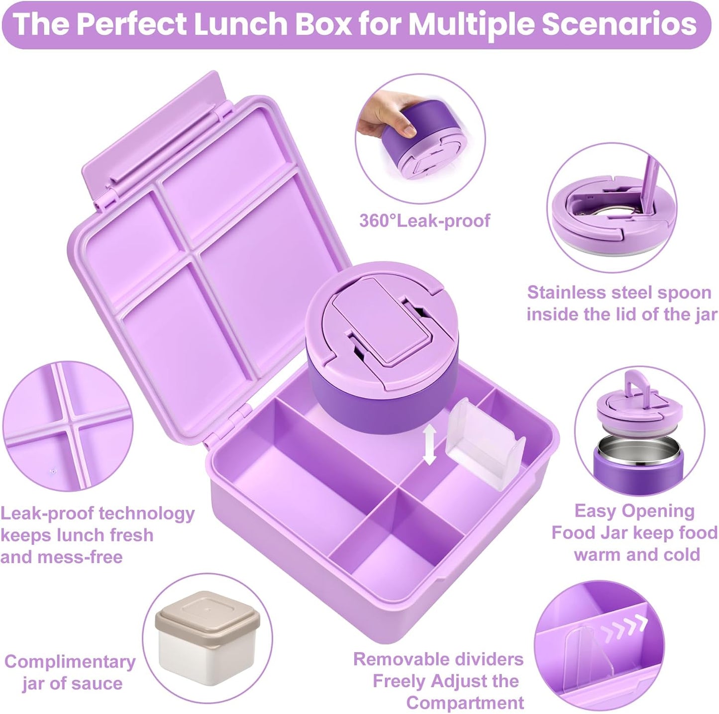 Bento Lunch Box with 8oz Soup Thermo,Kids Leakproof 4 Compartment Lunch Food Containers with Sauce Cup and Ice Pack,Kids Thermo Insulated Hot Food Jar and Lunch Bag for School,Trvael-Black