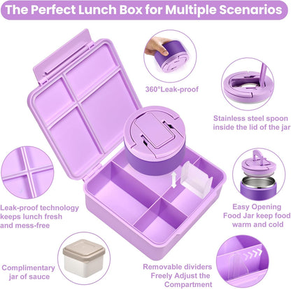 Bento Lunch Box with 8oz Soup Thermo,Kids Leakproof 4 Compartment Lunch Food Containers with Sauce Cup and Ice Pack,Kids Thermo Insulated Hot Food Jar and Lunch Bag for School,Trvael-Black