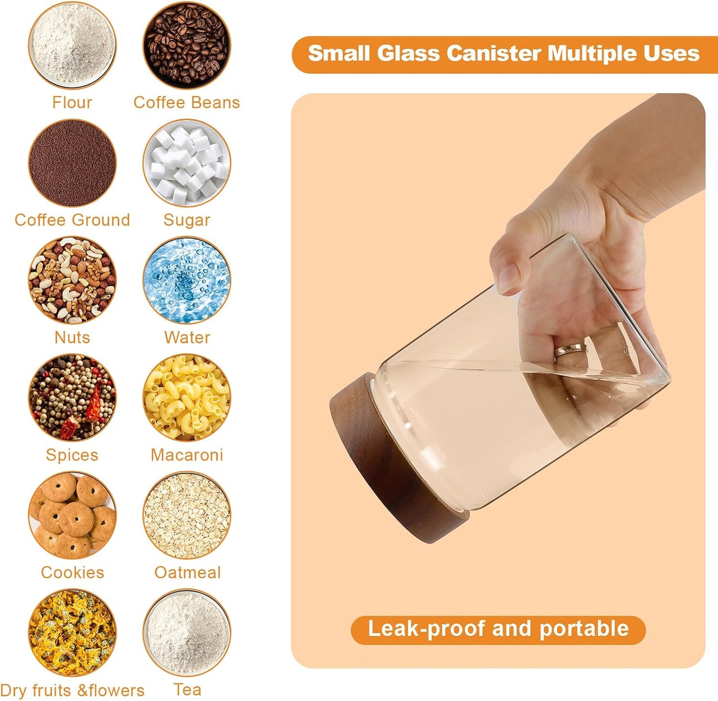 6 pc Glass Spice jars Glass Jars with Screw Lid 5 oz Acacia Wood Glass Herb Sugar Coffee Bean Ground Container Food Storage Canister for Candy Pantry Tea Seasoning Meal Prep Snack (6*150ml(5oz))