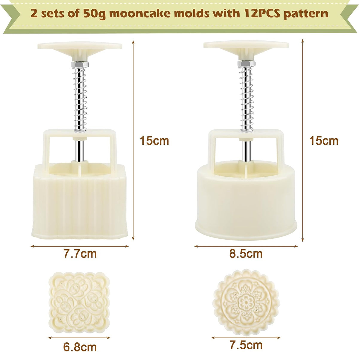 Luxiv 50g Mooncake Mold Set, 12 Patterns Round And Square Hand Press Molds