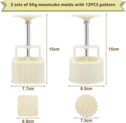 Luxiv 50g Mooncake Mold Set, 12 Patterns Round And Square Hand Press Molds