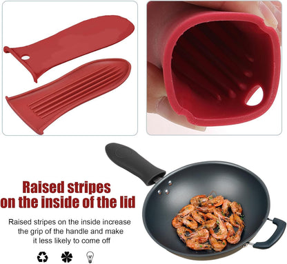 2 Pack Silicone Pan Handle Sleeve, Heat Resistant Cast Iron Skillet Handle Covers for Pots and Pans, Assist Handle Holder Grip for Kitchen Frying Griddles Cookware (Red & Black)