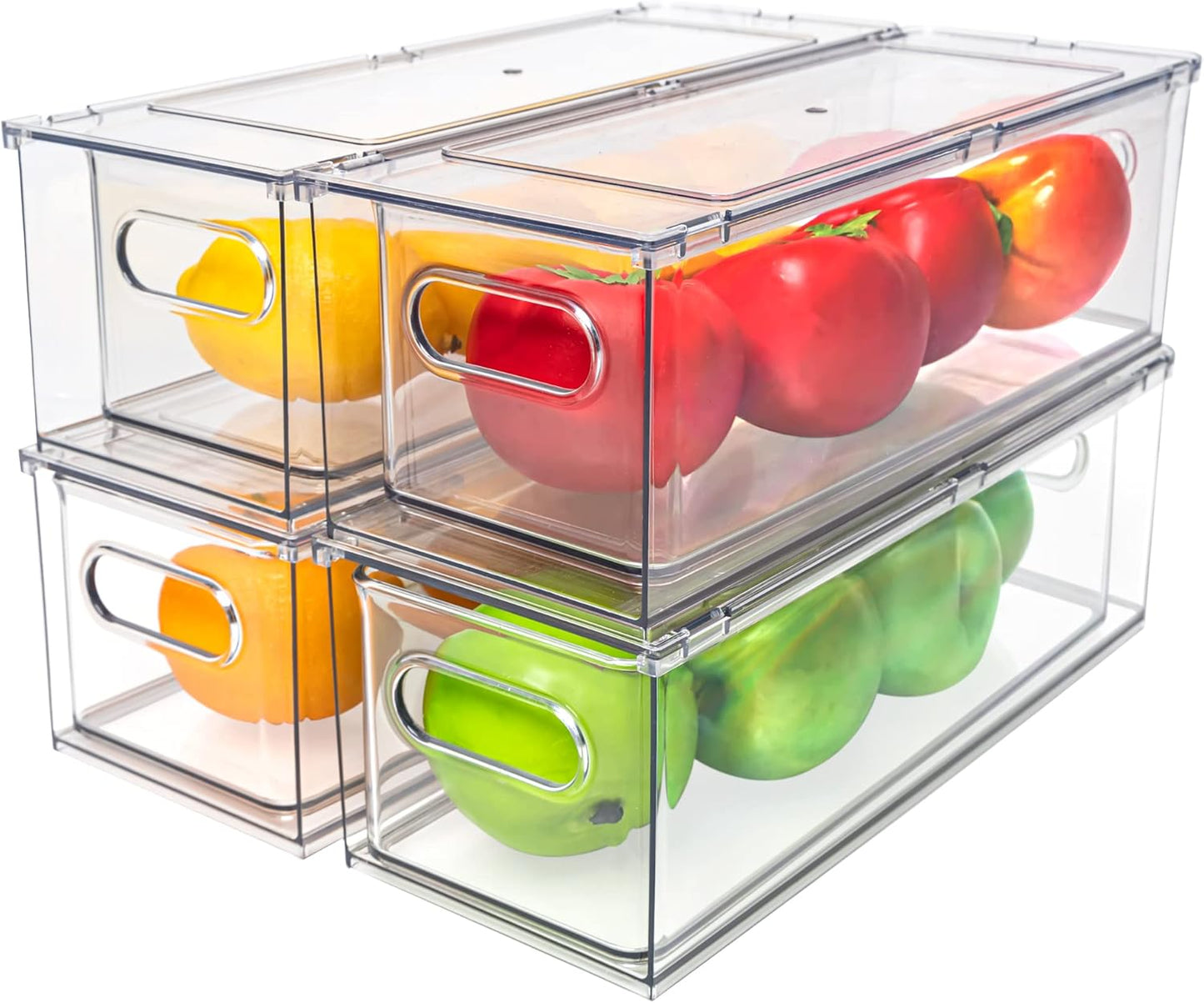 Mano Stackable Fridge Drawers Pull Out Bins with Handle Clear Refrigerator Drawers Organizer Food Storage Container Box with Dividers Plastic Produce Saver for Pantry, Cabinet, Kitchen, Clothes（7Pack）