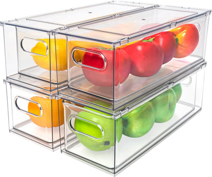 Mano Stackable Fridge Drawers Pull Out Bins with Handle Clear Refrigerator Drawers Organizer Food Storage Container Box with Dividers Plastic Produce Saver for Pantry, Cabinet, Kitchen, Clothes（7Pack）