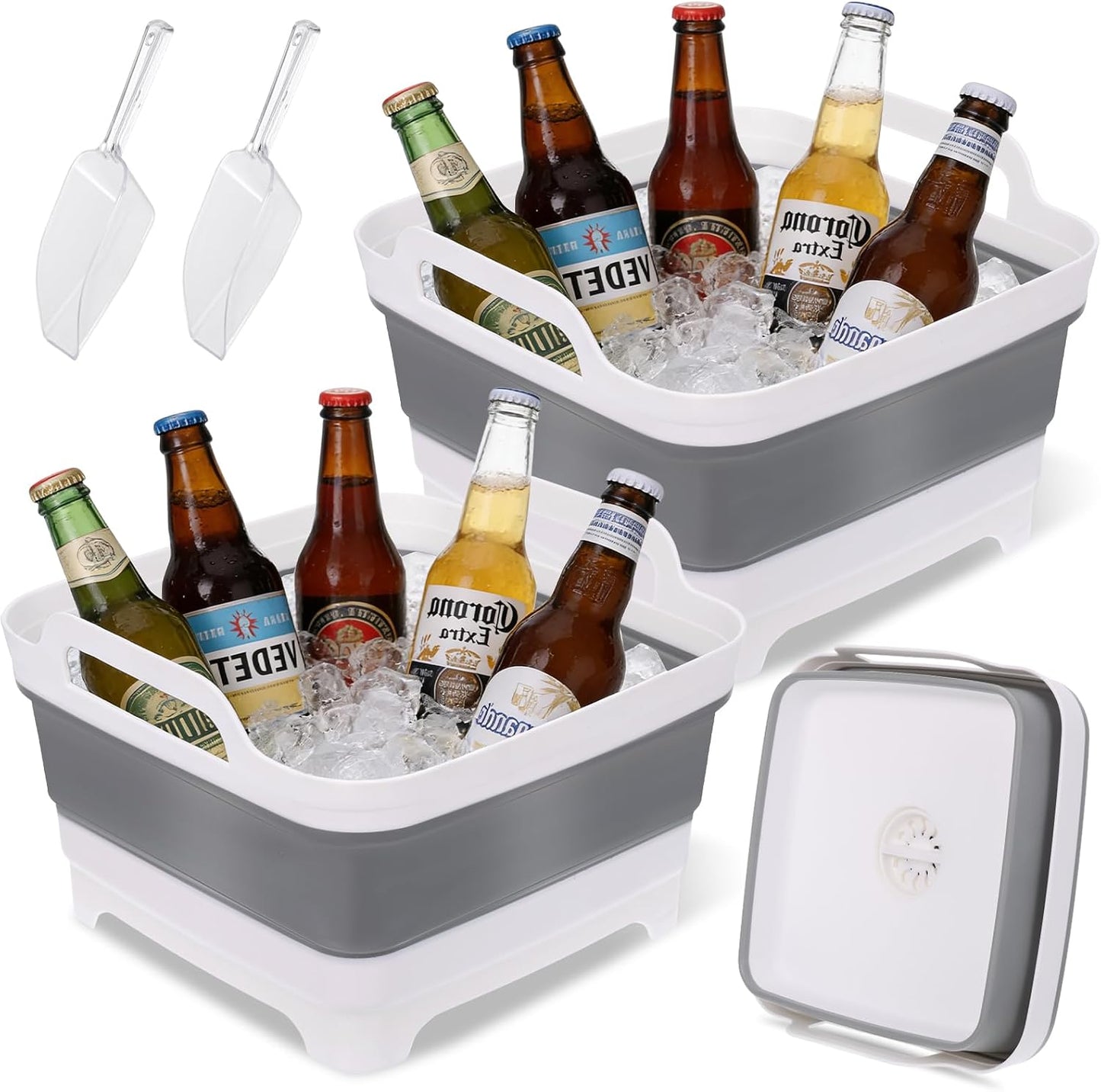2 Pcs Ice Buckets for Parties, Collapsible Beverage Tub Beer Ice Buckets Drink Cooler, Space Saving Ice Storage Tub Ice Cube Bin and 2 Scoop for Champagne Beer Sparkling Wine Cocktails