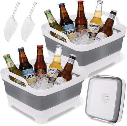 2 Pcs Ice Buckets for Parties, Collapsible Beverage Tub Beer Ice Buckets Drink Cooler, Space Saving Ice Storage Tub Ice Cube Bin and 2 Scoop for Champagne Beer Sparkling Wine Cocktails