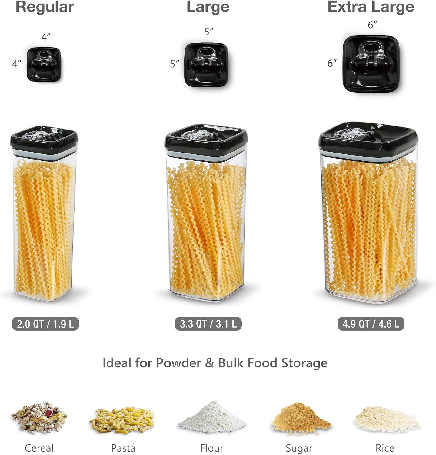 Felli Flip Tite Acrylic Food Storage Container with Lid 6” XL Air Tight Ring Seal Flip Top, Plastic Kitchen Baking Canister for 5 lb Flour Sugar Rice Protein Powder Pantry Organizer (Nest-M, White)