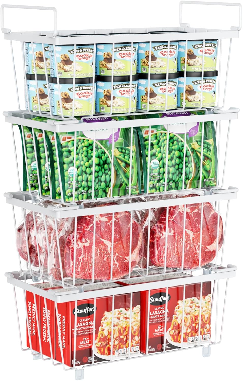 iSPECLE Deep Freezer Organizer Bins, 5 Pack Chest Freezer Baskets for 7 Cu.Ft, Stackable Wire Chest Freezer Organizer Bins for Small Food, Strong Metal with Handles for Meat and Veggies, Black