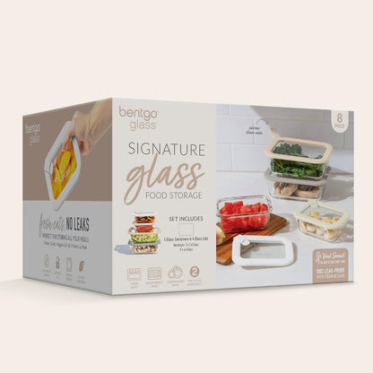 Bentgo Signature Leak-Proof Glass Food Storage - 4-Piece Set, 1-Compartment Plastic-Free Containers with Airtight Glass Lids, BPA-Free, Microwave, Freezer, Oven & Dishwasher Safe (White Stone)
