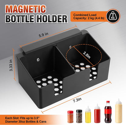 Hohean Barbecue Tool Set Magnetic Bottle Holder, Compatible with Blackstone Griddle, Elevated Magnet Base, No Melting, Heat Resistant Dual Slot Squeeze Bottle & Beverage Holder for BBQ Accessories