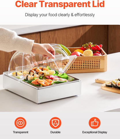 VEVOR Chilled Condiment Server Caddy, 5 Compartment Ice Cooled Serving Container, Plastic Fruit Garnish Tray Platter with Lid, for Taco Salad Bar Accessories, Party Home Restaurant Supplies