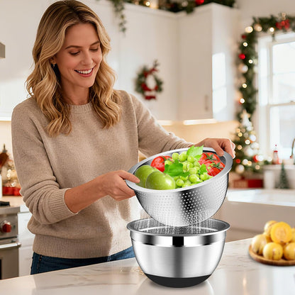 DUTZUN Mixing Bowls with Lids Set - 16pcs Stainless Steel Mixing Bowl Set with Colander, 3 Grater Attachments, Non-Slip Bottom, Metal Nesting Bowls with Strainer for Mixing & Serving - Black