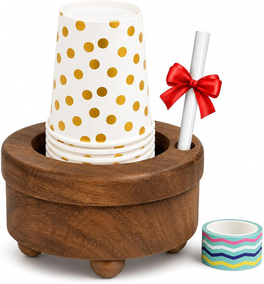 Wooden Disposable Cup Holder, Writable Paper Cup Dispenser for Small Cups, Coffee Bar Counter Organizer, Rustic Cup Storage Rack for Kitchen, Bathroom, Office and Housewarming Gift