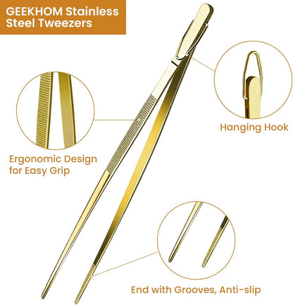 GEEKHOM 4-Piece 12 & 10-Inch Cooking Tongs: Professional Stainless Steel Scissor Tongs Set with Non-Slip Grip (Black)