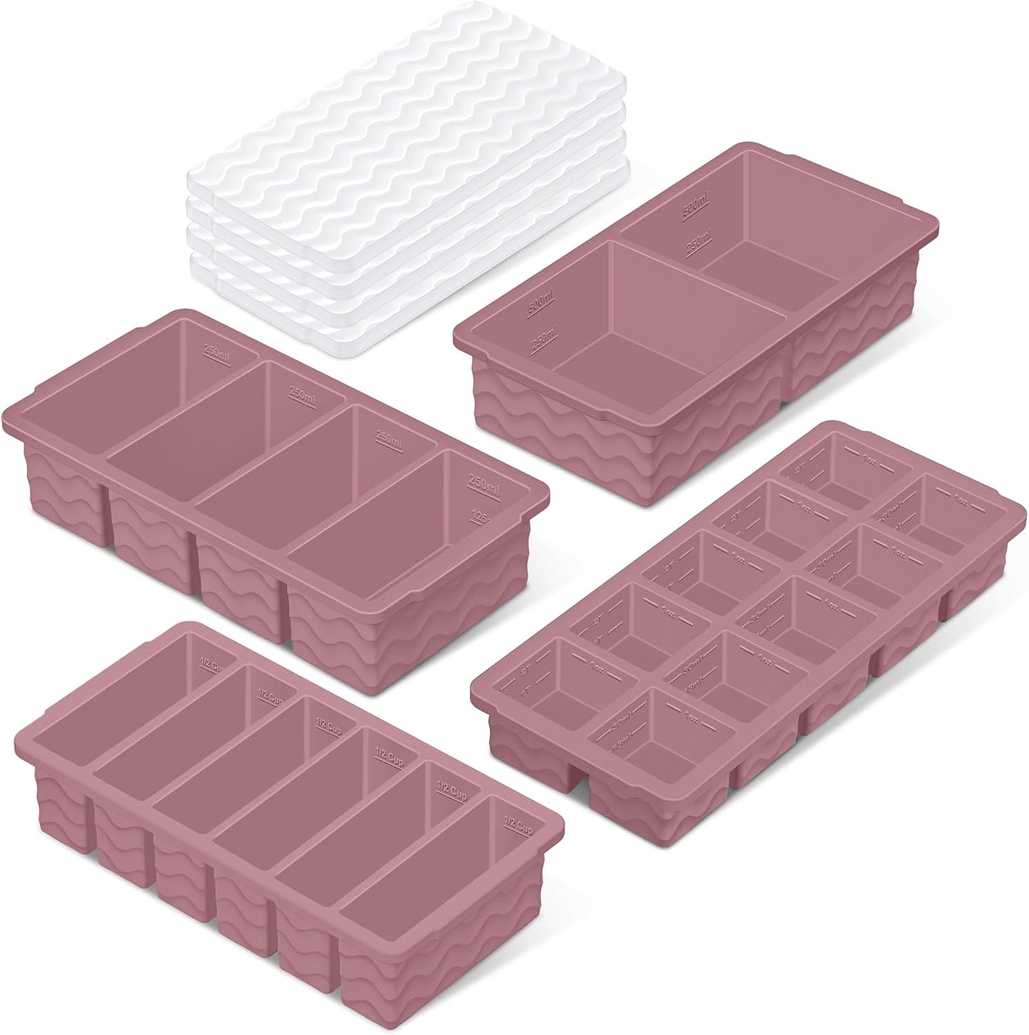 Silicone Freezer Trays with Lid (4-Pack), 1-Cup, 2-Cup, 1/2-Cup & 2-Tbsp Silicone Freezer Molds, Stackable Soup Freezer Meal Prep Containers,Ice Cube Tray for Making Sauce,Smoothies,Yogurt Bites