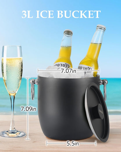 Insulated Ice Bucket, 3L Double Wall Stainless Steel Ice Bucket with Tongs,Lid, Scoop and Strainer, Ice Buckets for Parties,Cocktail Bars, Chilling Beer, Champagne, Wine Bottles