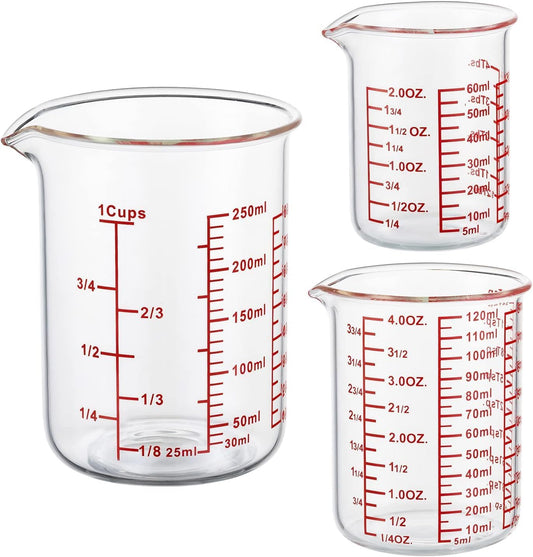 Glass Measuring Cup Set, 3-Piece, 2/4/8 oz Capacity, Clear with Red Markings
