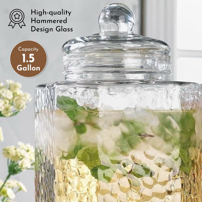 3 Gallon Glass Drink Dispenser with Metal Stand & Lid – Hammered Beverage Dispenser with Leakproof Spigot, Wide Mouth for Easy Fill – Ideal for Parties, Lemonade, Iced Tea, Sangria & More