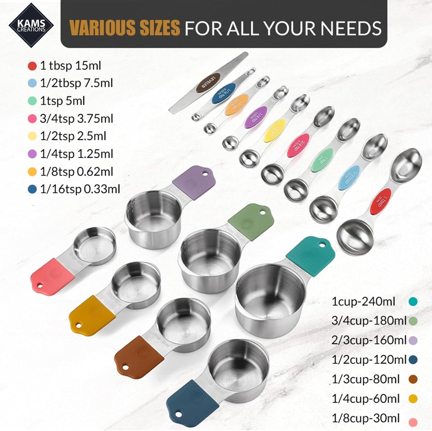 Stainless Steel Magnetic Measuring Spoons Set & Cups 16PCS - Double Sided Measuring Spoons, Stackable Measuring Spoons & Cups with Leveler - Premium Metal Measuring Spoons