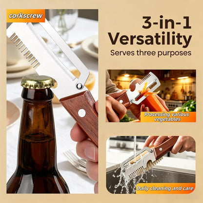 3 in 1 Multi Functional Vegetable Peeler,Stainless Steel Kitchen Tool with Wooden Handle, Fruit Peeler, Julienne Slicer & Bottle Opener for Potato, Apple, Carrot (2)