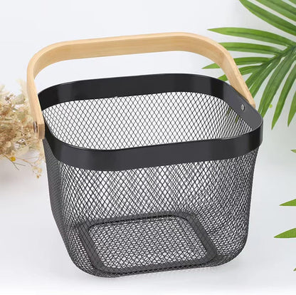 AJIODA Metal Mesh Steel Basket, Storage Organizer Basket Multi-functional Hanging Kitchen Baskets Fruit Basket Bin with Bamboo Handle for Kitchen Bathroom Picnic Shopping Decor Cabinet Home, Blue
