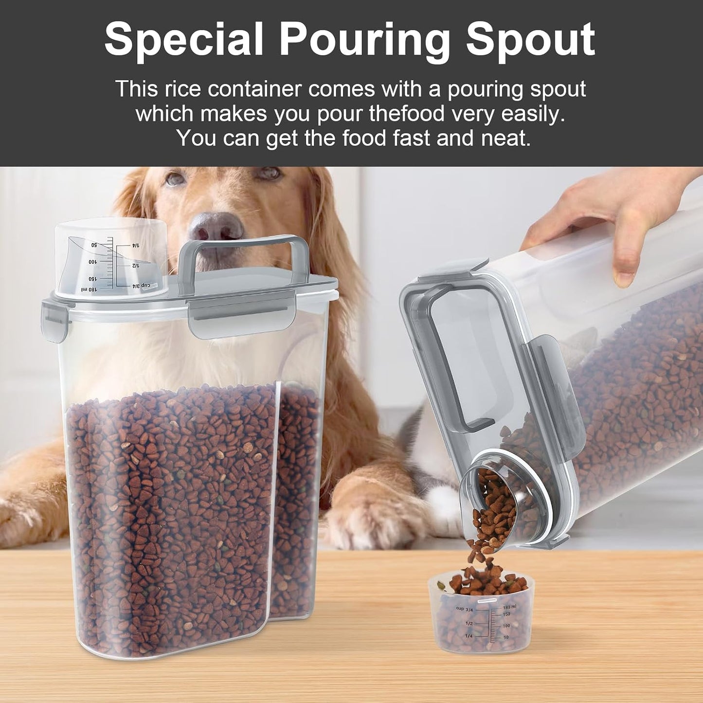 LEAWALK 5Lbs Airtight Cat Dog Food Storage Container with Upgraded Large Nozzle BPA-Free, Pet Food Storage Containers for Rice, Grain, Pet Food, Flour, Dog Treat Storage (Dark Gray, 5L-1pack)