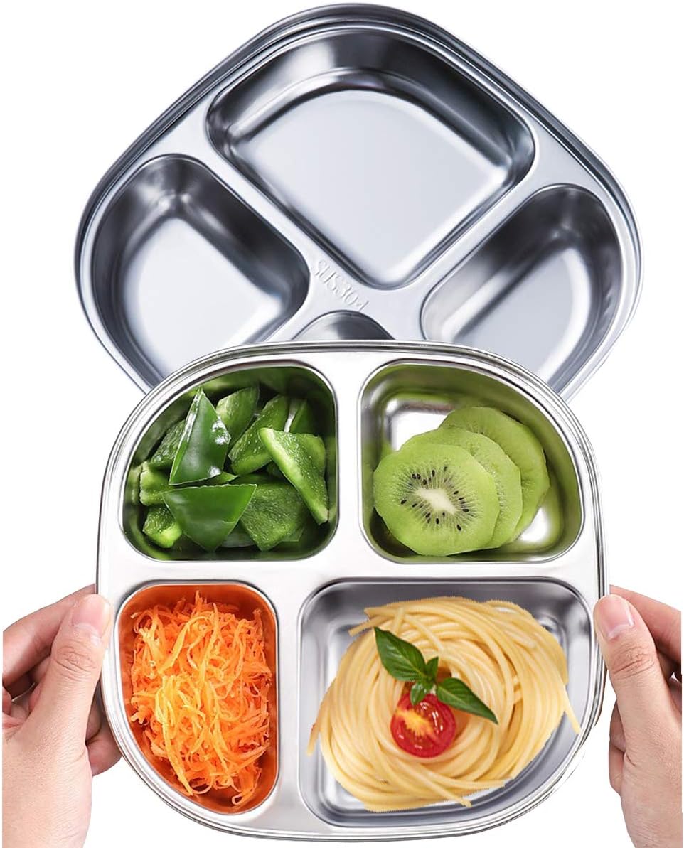 Set of 2 Stainless Steel Rectangular Divided Plates Tray 5 Sections Dinner Plates for Adults - Unbreakable Metal Plate for Campers, and Portion Control Reusable Plate