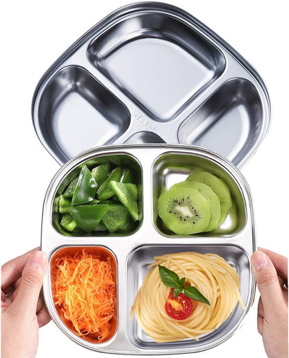 Set of 2 Stainless Steel Rectangular Divided Plates Tray 5 Sections Dinner Plates for Adults - Unbreakable Metal Plate for Campers, and Portion Control Reusable Plate