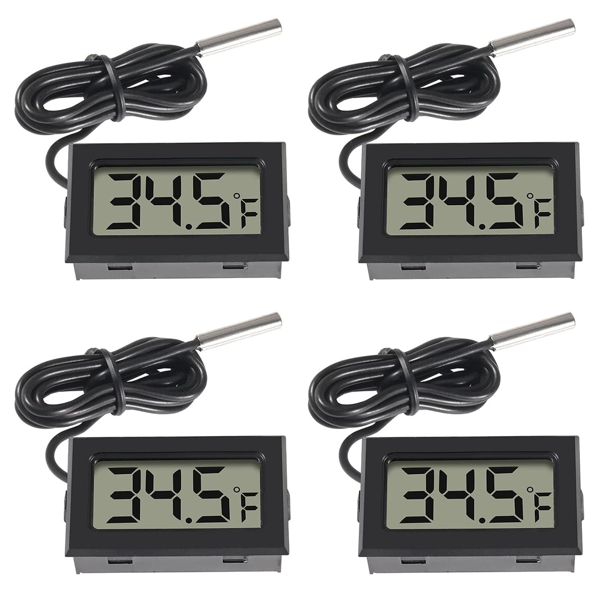 4pcs Digital LCD Thermometer, Fahrenheit Temperature Digital LCD Fridge Thermometer 1M Cable with Probe for Fridge Freezer Refrigerator Aquarium (Black, Fahrenheit)