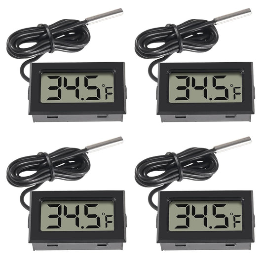 4pcs Digital LCD Thermometer, Fahrenheit Temperature Digital LCD Fridge Thermometer 1M Cable with Probe for Fridge Freezer Refrigerator Aquarium (Black, Fahrenheit)