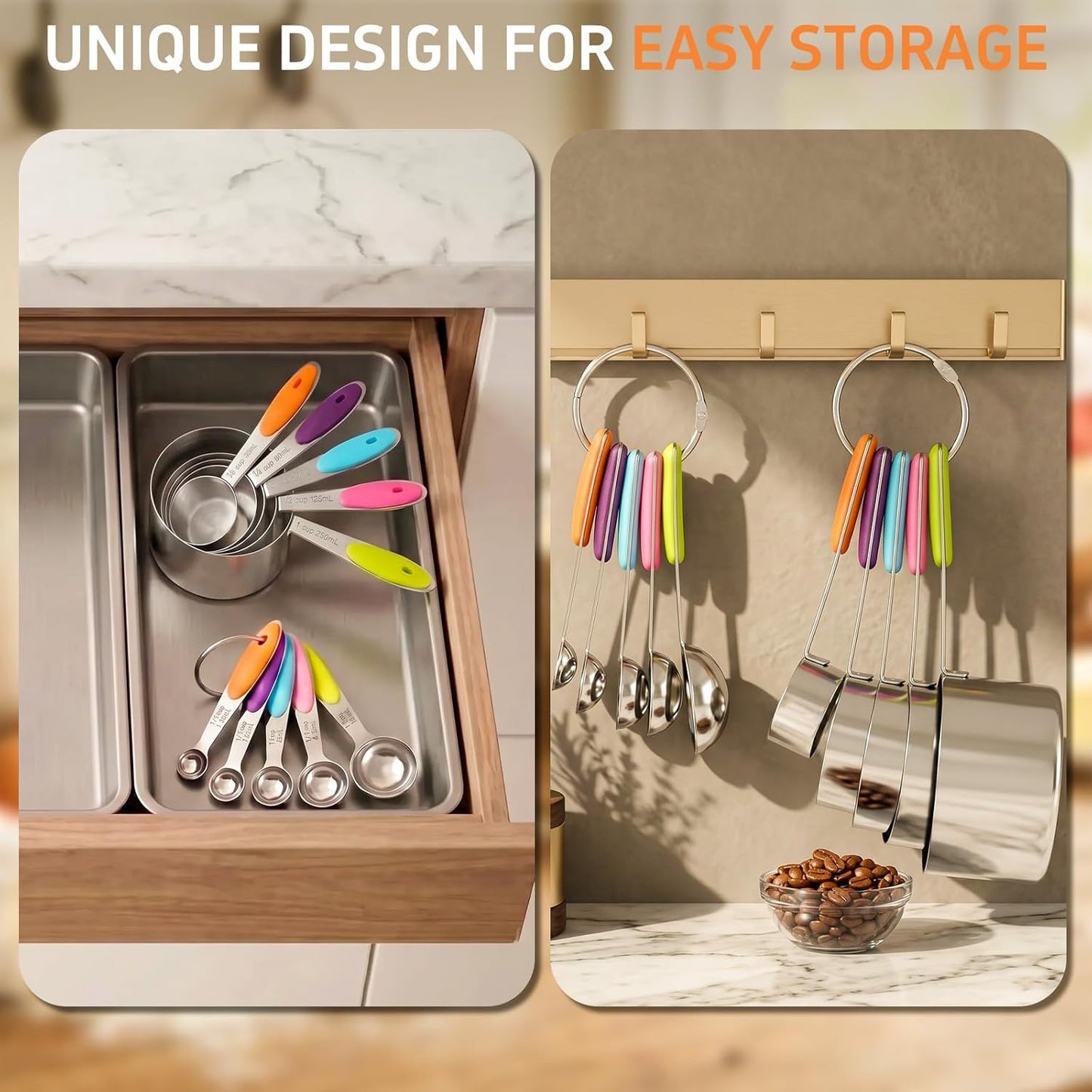 Measuring Cups and Spoons Set of 10 Piece, Stainless Steel Nesting Measuring Cups Set with Silicone Handles, Kitchen Utensils for Cooking and Baking