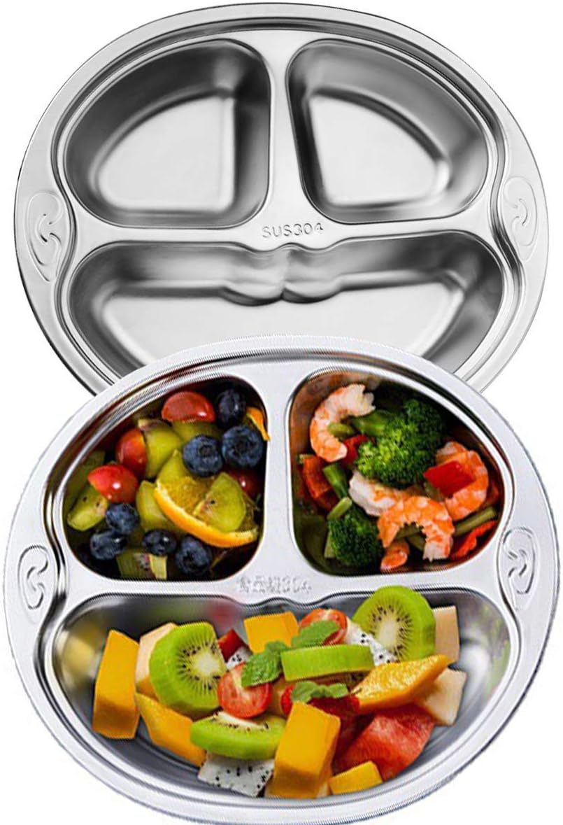 Set of 2 Stainless Steel Rectangular Divided Plates Tray 5 Sections Dinner Plates for Adults - Unbreakable Metal Plate for Campers, and Portion Control Reusable Plate