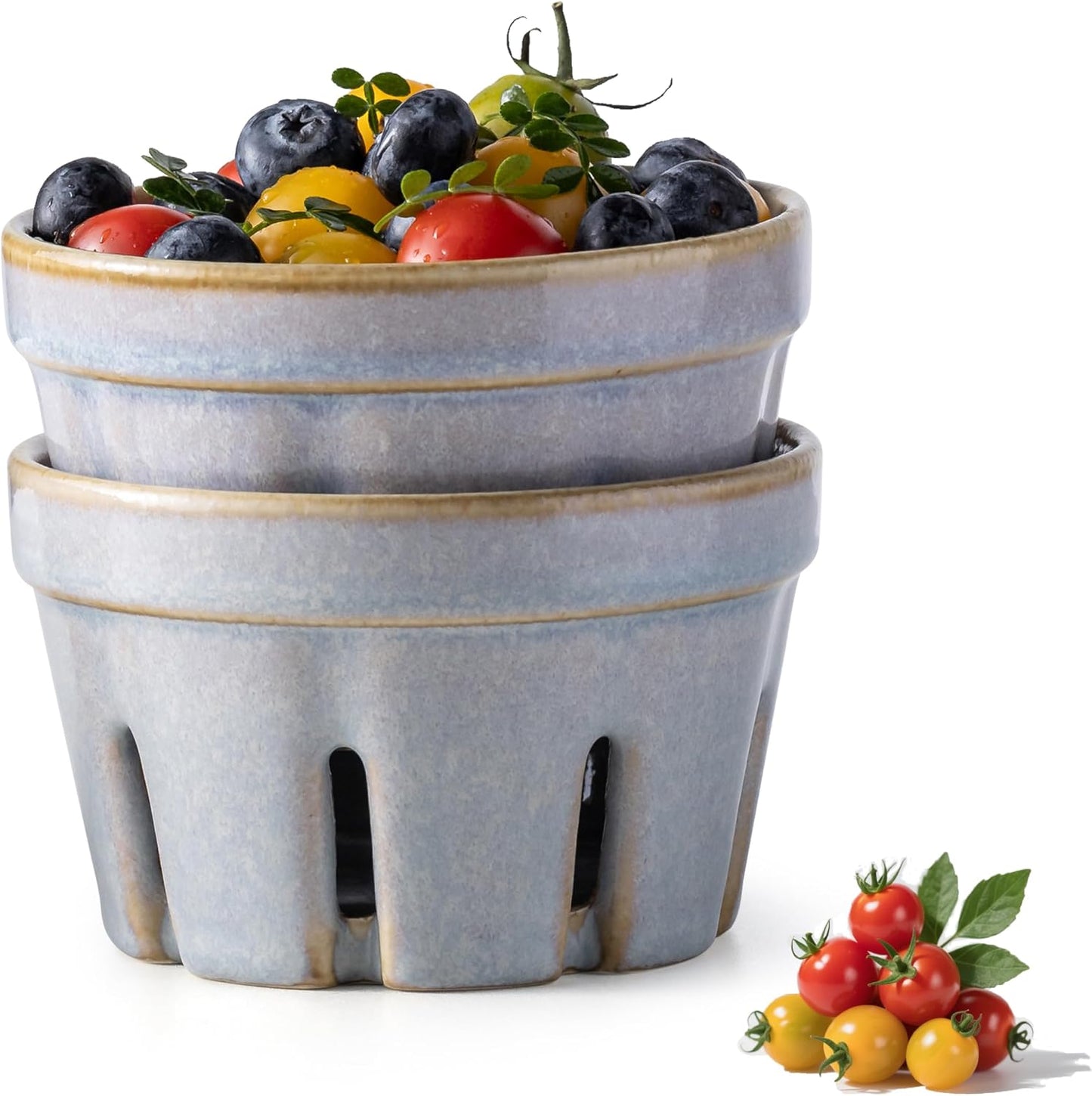 Gomakren Berry Bowls with Holes Ceramic, Berry Washing Bowl Basket Set of 2, 5.8 Inch Round Fruit Bowl Storage Containers, Strawberry Baskets, Farmhouse Kitchen Decor, Yellow + Brown
