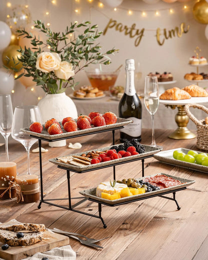 LAUCHUH 3 Tier Serving Tray, Porcelain Serving Platter Tier Serving Stand with Collapsible Sturdier Rack, Serving Trays and Platters Dessert Party Display Set for Father's Day, Gold, 12 Inch