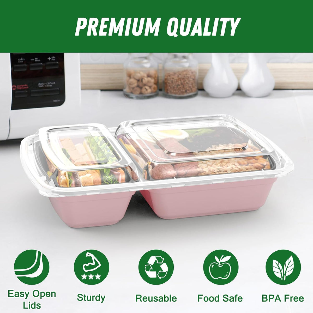 Dealusy 50 Pack (100-Piece) 28 oz Meal Prep Containers Reusable with Lids 2-Compartment, Sturdy Leakproof Food Safe, Microwave Freezer Dishwasher Safe, To Go Take Out Plastic Food Storage, Black