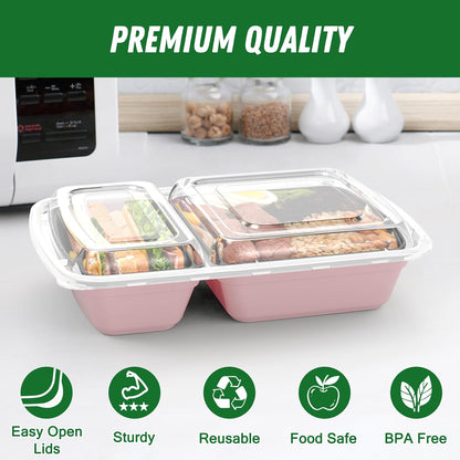Dealusy 50 Pack (100-Piece) 28 oz Meal Prep Containers Reusable with Lids 2-Compartment, Sturdy Leakproof Food Safe, Microwave Freezer Dishwasher Safe, To Go Take Out Plastic Food Storage, Black