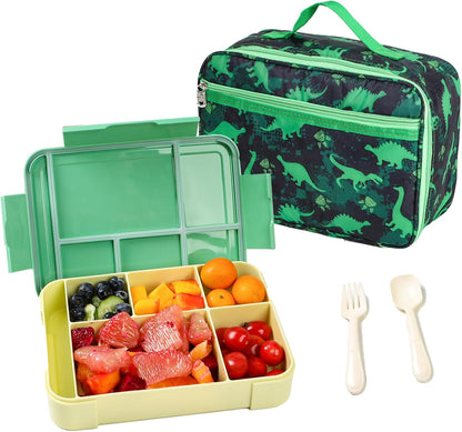 Dinosaur Bento Box for Kids Insulated Lunch Bag, 6-Compartment Leak-Proof Lightweight School Lunch Set for Boys Toddler with Spoon, Fork & Sauce Container
