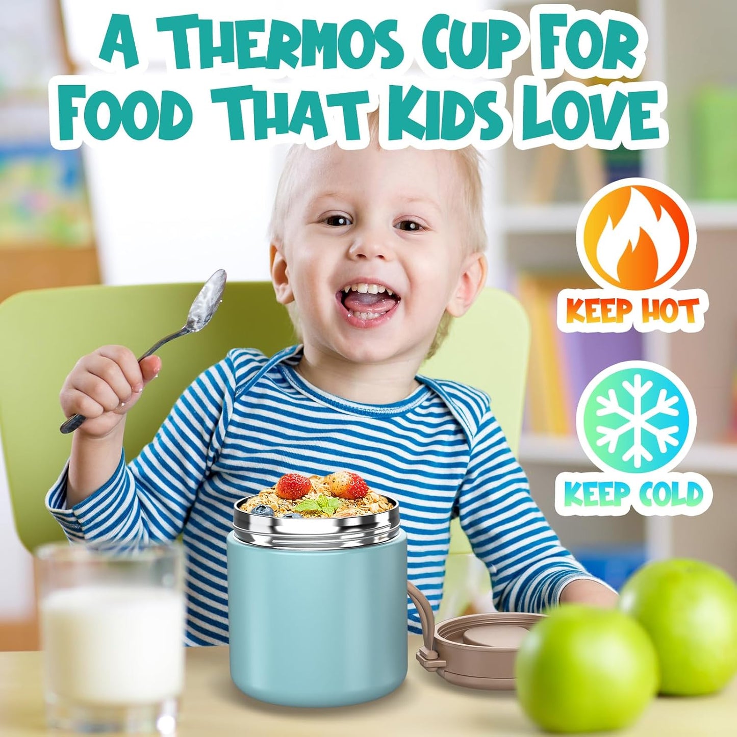 Thermo for Hot Food Kids - 15.2oz, Leak Proof Insulated Food Jar, Soup Thermo, Insulated Lunch Containers, Termos Para Comida Caliente, Wide Mouth Lunch Box with Folding Spoon and Handle