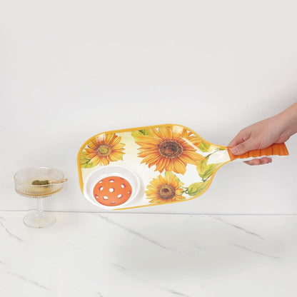 UPware Flamingo Melamine Chip and Dip Snack Tray, Tropical Floral Pickleball Paddle Shape Platter for Chips, Salsa, Fruits, and Appetizers, 15.75 x 8 Inch