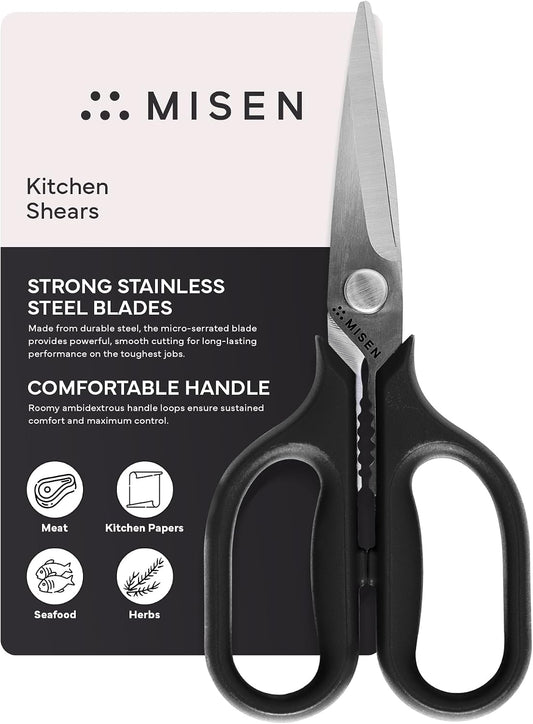 Misen Heavy Duty Kitchen Shears - Stainless Steel, Versatile and Easy Clean Scissors for Meat, Herbs and Veggies - Ambidextrous Comfort Handle - Professional Grade - Black